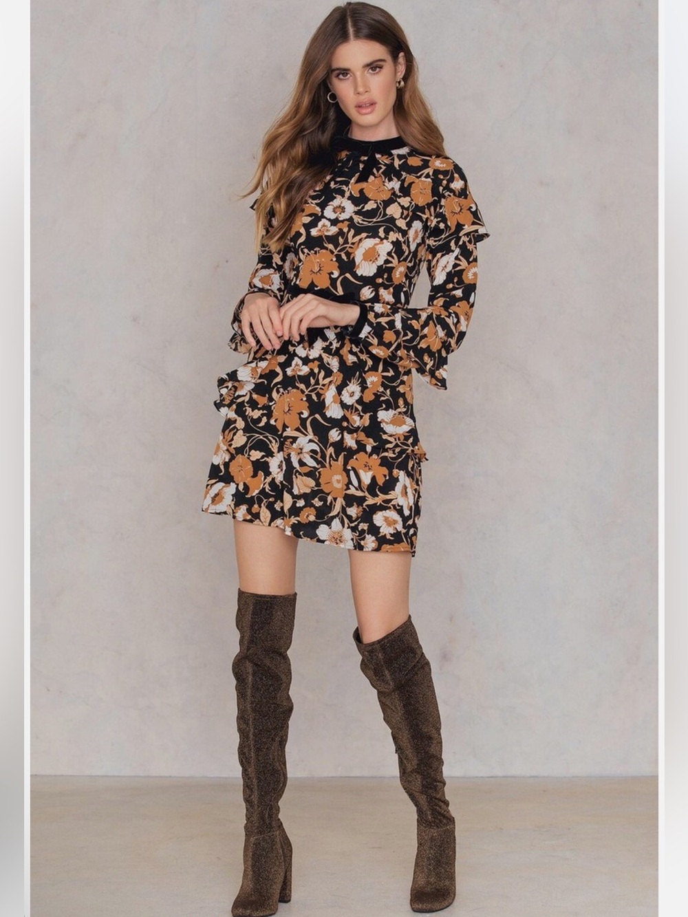 For Love & Lemons Brown Black Floret Silk Blend Floral Mini Dress Velvet Bows M